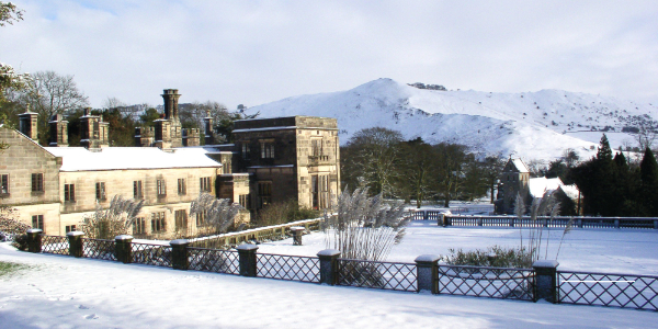 YHA Ilam Hall exterior in the snow