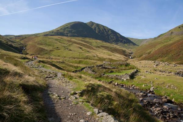 Helvellyn mountain near Glenridding with walkers on path