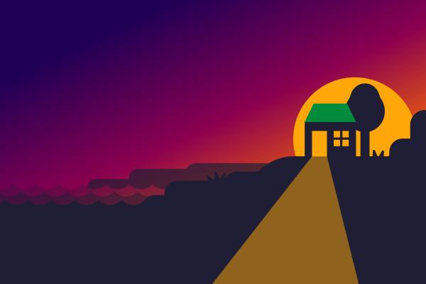 Illustration of a hostel building near the coast at sunrise