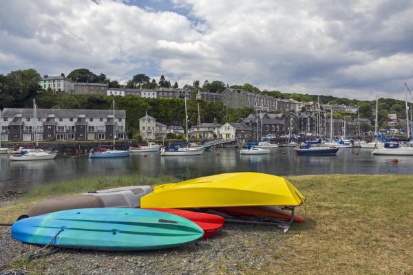 Porthmadog Harbour, showing quayside and upturned dinghy & sailboard