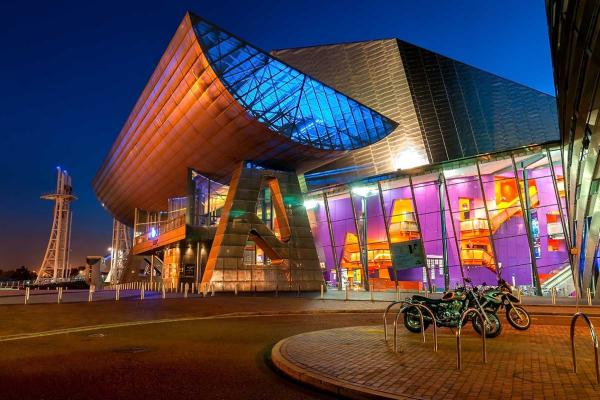 The Lowry building at night, light up