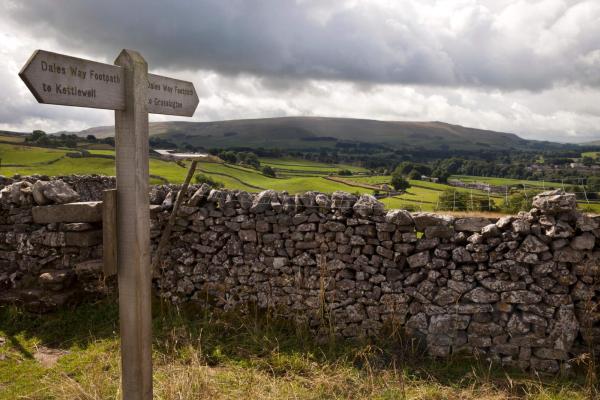 Footpath sign between Kettlewell and Grassington, with a view