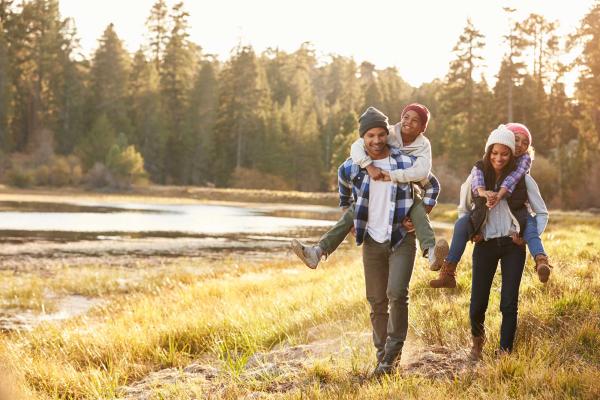 Family walking in a woodland