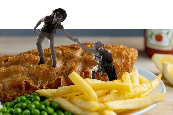 Fish and chips with images of walkers climbing them