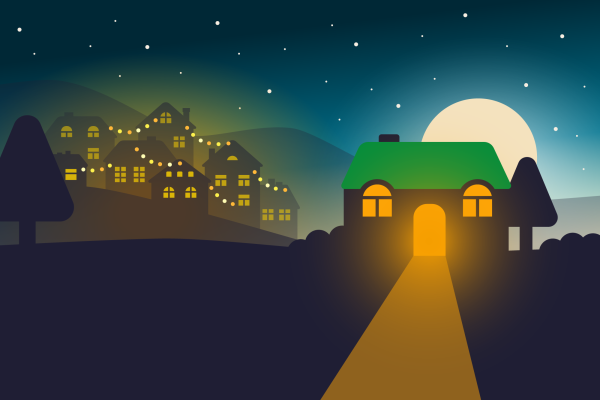 Winter deals illustration of hostel at night with festive village in the background