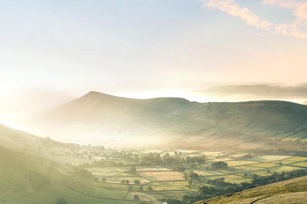 Misty morning view over UK countryside