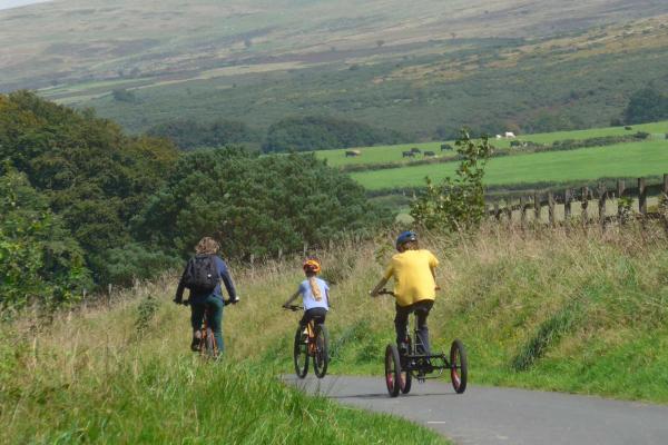 Adult and two children cycling through the countryside