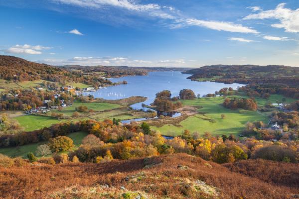 View of Windermere in the English Lake District, on a sunny autumn day