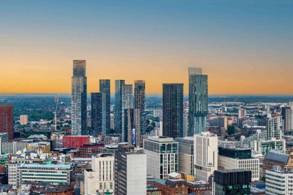 View of Manchester skyline at sunrise