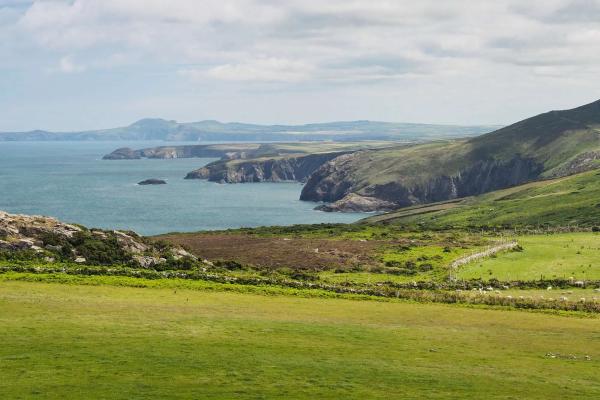 View of the sea and countryside fields