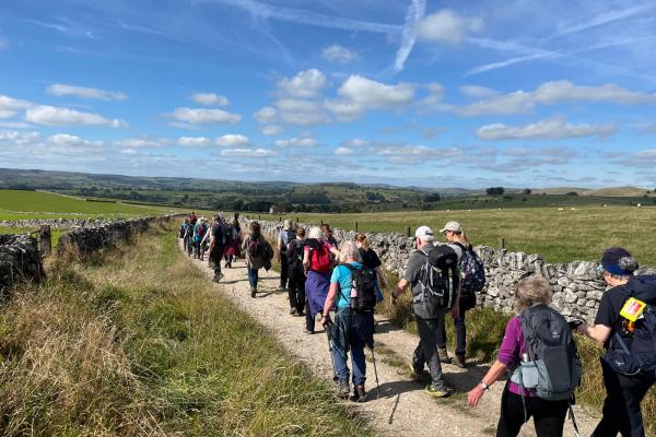 Group of people walking through the countryside on a sunny day