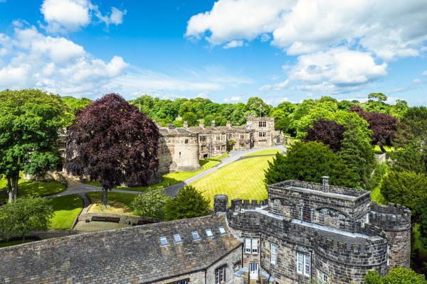 Skipton Castle from a drone, North Yorkshire