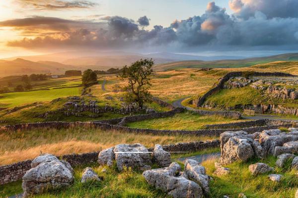 Sunrise over a countryside landscape with trees and boulders