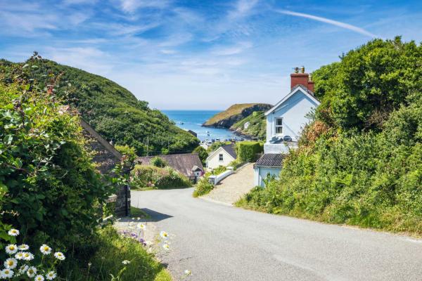 Road leading to the beach with cottages either side