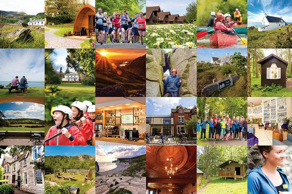 Collage of square photos showing people at different YHA hostels