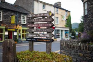 Signpost in the village of Ambleside, Lake District