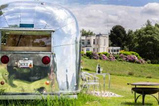 Airstream with view of YHA Windermere in the background