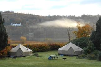 Bell tent at YHA Hawkshead on a misty morning