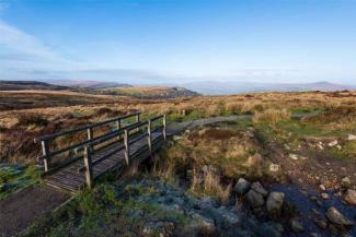 A bridge spans the gushing waters of a river on a nature trail in the Brecon Beacons national park in Wales