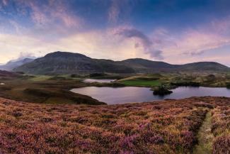 Beautiful vibrant sunrise landscape over Cregennen Lakes with Cadair Idris in background in Snowdonia