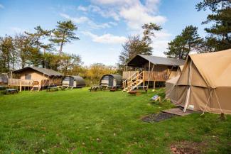 Campsite with a safari tent, bell tents and Landpods