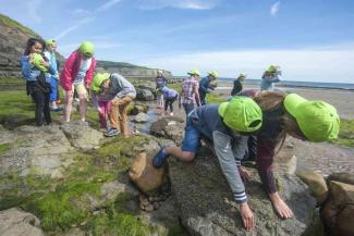 Group of children rock pooling near YHA Boggle Hole