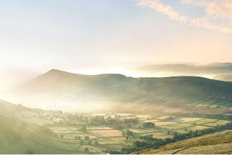 Misty morning view over UK countryside