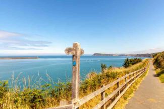 Wooden sign post with views of the ocean