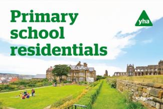 Brochure cover showing a large hostel building and the words 'Primary school residentials'