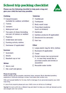 School packing list document with checklist