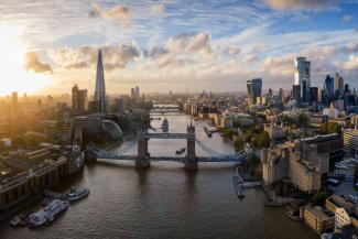 Picturesque view of London London skyline showing Tower Bridge, The Shard and other skyscraper buildings