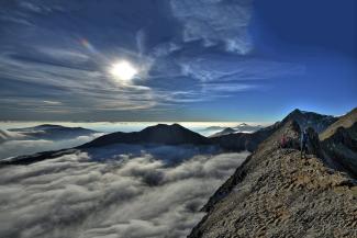 View of Snowdon Horseshoe with mist across the mountain