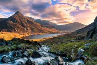 View of Eryri (Snowdonia) National Park at sunrise