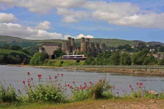 Train passing by a castle surrounded by countryside