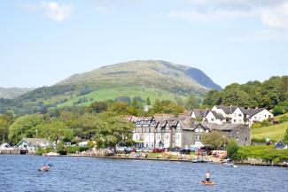 View of YHA Ambleside over lake