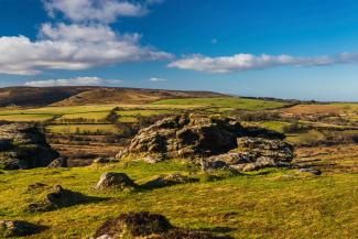 View over countryside fields on a sunny day