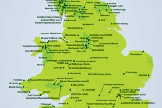 Map of England and Wales showing markers for YHA hostels