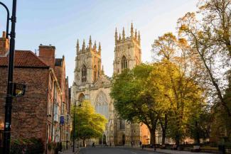 Historic cathedral surrounded by trees and red brick buildings