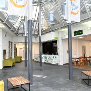 YHA London Thameside reception with glass ceiling