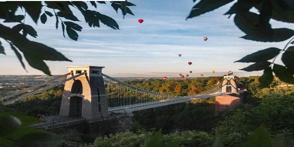 Hot air balloons over Clifton Suspension Bridge in Bristol 