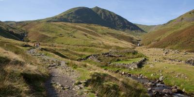 Helvellyn mountain near Glenridding with walkers on path