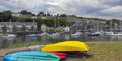 Porthmadog Harbour, showing quayside and upturned dinghy & sailboard