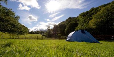 Camping tent in a field in the sunshine