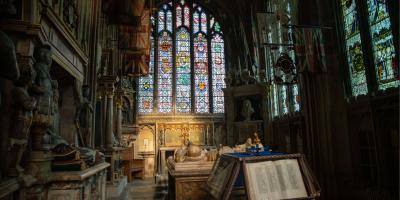 Stained glass windows inside a cathedral