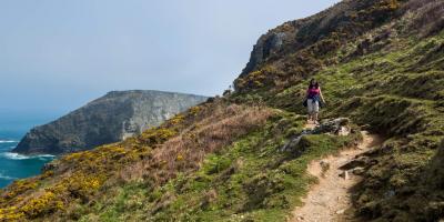 Walker on Cornish coastal path near Tintagel