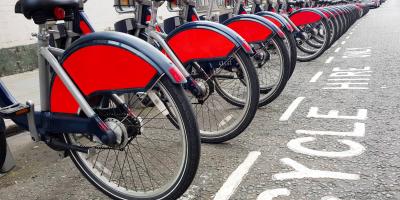 Row of bicycles on a city road