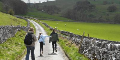 Adult and two children walking down a country path with fields either side