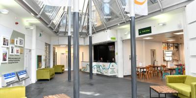 YHA London Thameside reception with glass ceiling