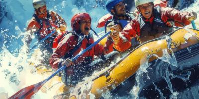 Group of adults white water rafting in a yellow boat