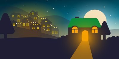 Winter deals illustration of hostel at night with festive village in the background